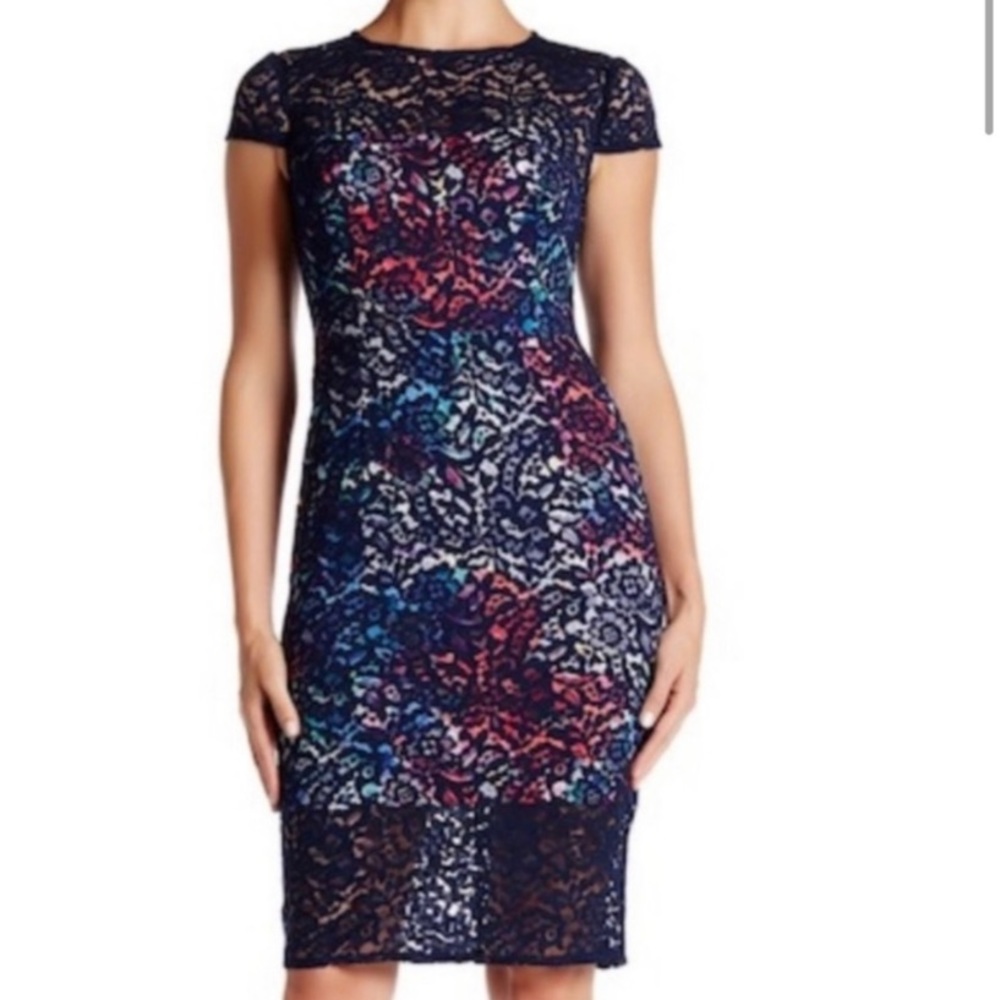 Betsey Johnson Navy Floral Lace Midi Dress with Multicolor Accents